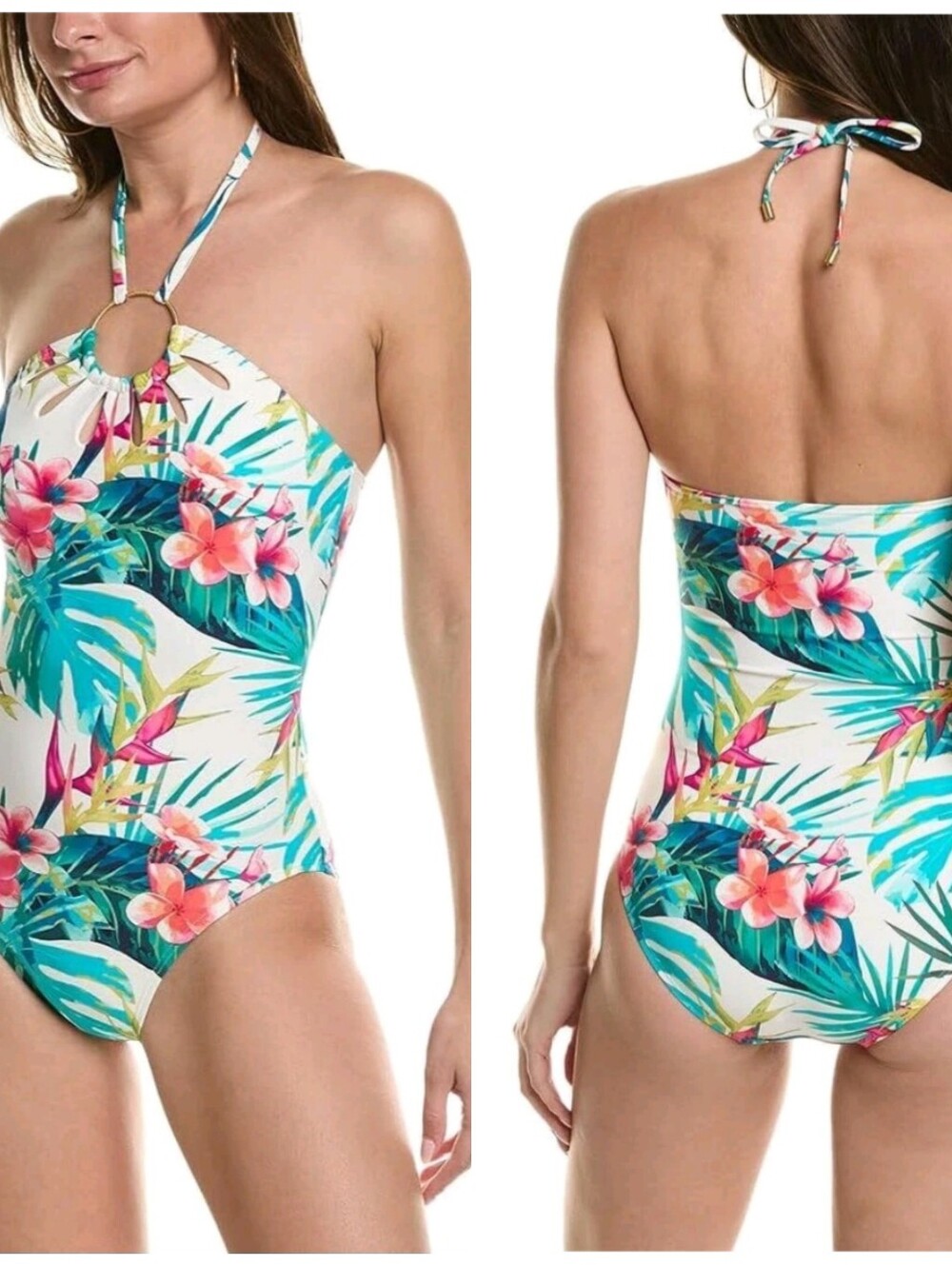 Vince Camuto White One-Piece Swimsuit with Pink & Teal Tropical Print
